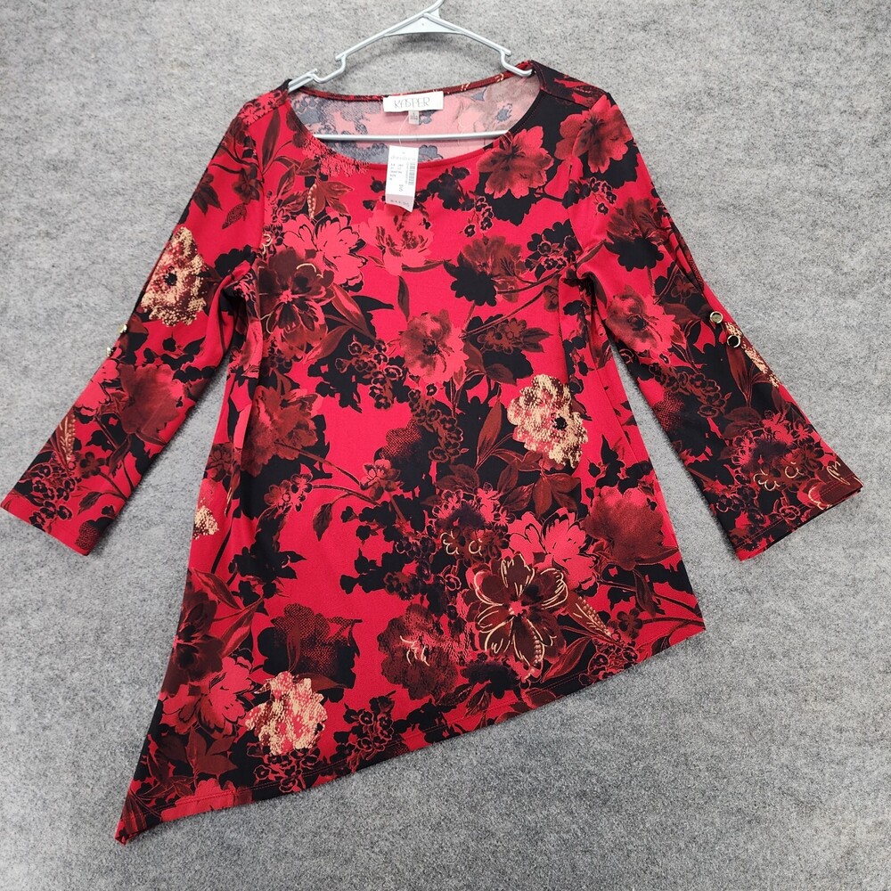 Kasper Shirt Womens Small 3/4 Sleeve Red Floral Asymmetrical Hem